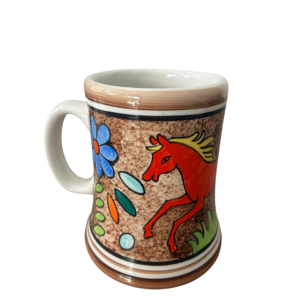 Vintage STA MA Mexican Pottery Mug: Hand-Painted Floral & Horse Vase Cup